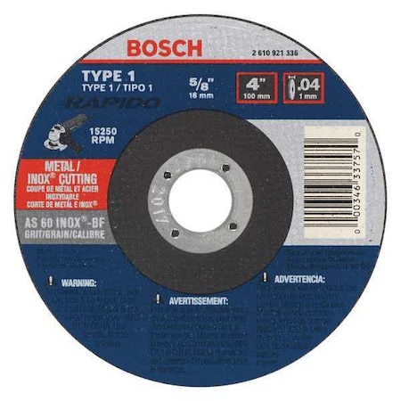 Bosch Abrasive Cut-Off Wheel, Type 1, 4 in Dia, 0.040 in Thick, 5/8 in Arbor Hole Size, Aluminum Oxide TCW1S400