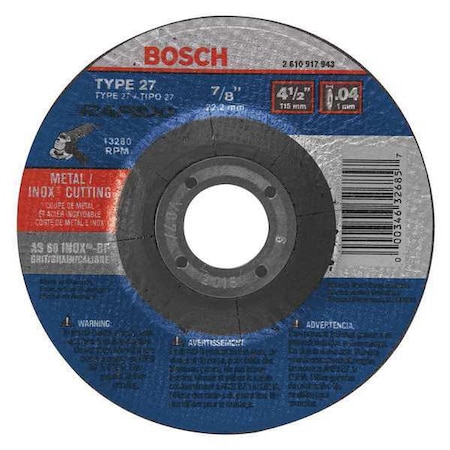 Bosch Abrasive Cut-Off Wheel, Type 27, 4-1/2 in Dia, 0.040 in Thick, 7/8 in Arbor Hole Size, 60 Grit TCW27S450