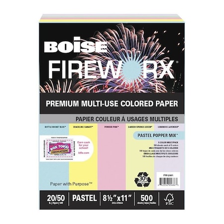 Boise FW2001 FIREWORX Colored Paper, 20lb, 8-1/2 x 11, Pastel Popper Mix, 500 Sheets/Ream