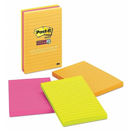 Post-It Pads in Energy Boost Collection Colors, Note Ruled, 4" x 6", 90 Sheets/Pad, PK3 660-3SSUC