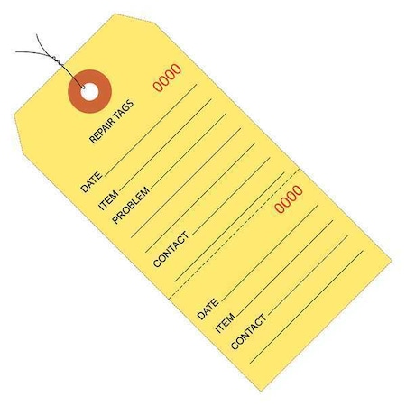 Partners Brand TagConsecNmbr, Wire, 6-1/4"x3-1/8", PK1000, 10 Point Paper, 6 1/4" W, Yellow, 1000 PK G26202W
