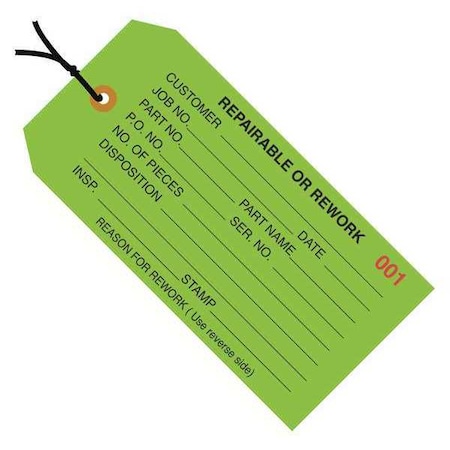 Partners Brand TagStrungRepr/Rewrk, 4-3/4"x2-3/8", PK1000, 13 Point Cardstock, 4 3/4" W, Green, 1000 PK G20042