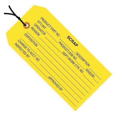 Partners Brand Tag Strung Scrap, 4-3/4"x2-3/8", PK1000, 13 Point Cardstock, 4 3/4" W, Yellow, 1000 PK G20052