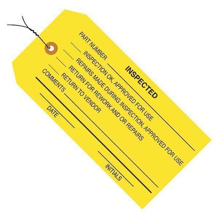 Partners Brand Tag Wired Inspectet, 4-3/4"x2-3/8", PK1000, 13 Point Cardstock, 4 3/4" W, Yellow, 1000 PK G20063