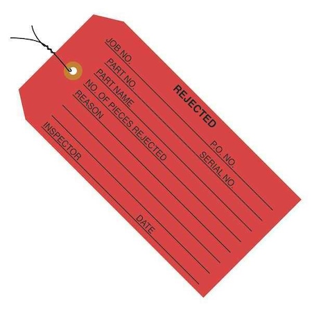 Partners Brand Tag Wired Rejected, 4-3/4"x2-3/8", PK1000, 13 Point Cardstock, 4 3/4" W, Red, 1000 PK G20033