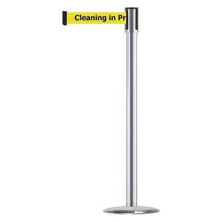 Tensabarrier Barrier Post with Belt, Satin Chrome, 13 ft Length, 38 in Post Height, Cleaning in Progress 890U-1S-1S-1S-MAX-NO-YCX-C