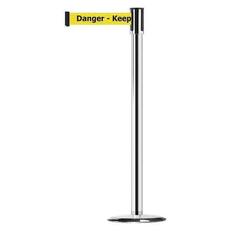 Tensabarrier Barrier Post with Belt, Polished Chrome, 13 ft Length, 38 in Post Height, Danger Keep Out 890U-1P-1P-1P-MAX-NO-YDX-C