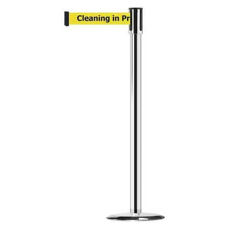 Tensabarrier Barrier Post with Belt, Satin Brass, 13 ft Length, 38 in Post Height, Cleaning in Progress 890U-1P-1P-1P-MAX-NO-YCX-C