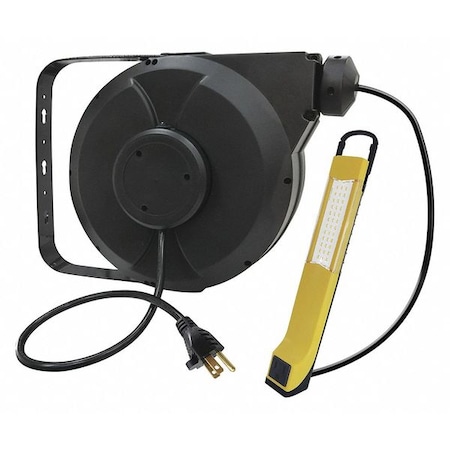 Lumapro Cord Reel With Hand Lamp, Hand Operated, NEMA 5-15R, 16 AWG, Black Reel Color, 40 ft Length 443P49