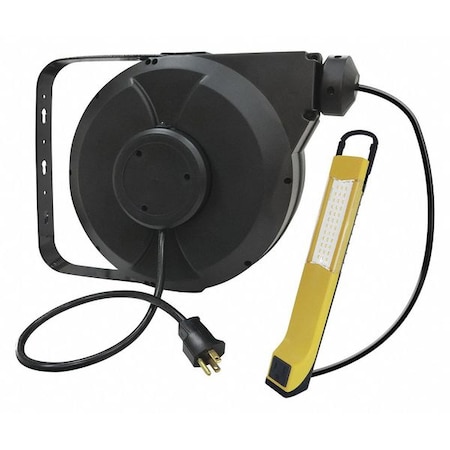 Lumapro Cord Reel With Hand Lamp, Hand Operated, NEMA 5-15R, 14 AWG, Black Reel Color, 50 ft Length 443P50