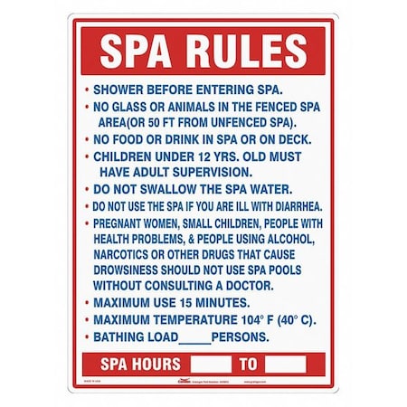 Condor Spa Rules, 20 in W x 28 in H, Vertical Rectangle, Polyethylene, 444M45 444M45