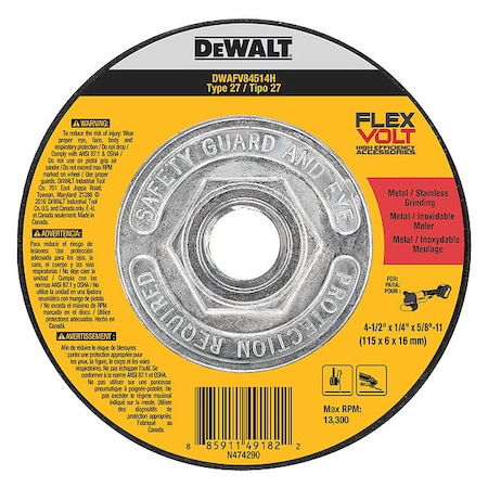 Dewalt Depressed Center Wheels, Type 27, 4 1/2 in Dia, 1/4" Thick, 5/8"-11 Arbor Hole Size, Ceramic DWAFV84514H