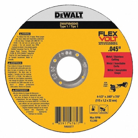 Dewalt Abrasive Cut-Off Wheel, Type 1, 4 1/2 in Dia, 0.045 in Thick, 7/8 in Arbor Hole Size, Ceramic DWAFV845045