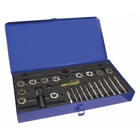 Chicago-Latrobe 25PC Plug Hand Taps and Round Adjustable Dies Set 11 Sizes 1/4-20 To 1/2-20 UNC UNF & 1/8-27NPT 423004
