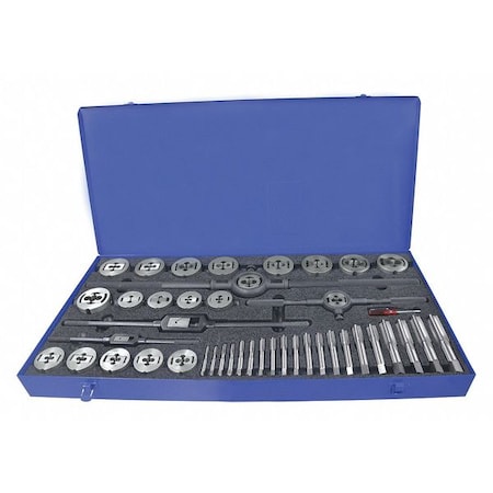 Chicago-Latrobe 45PC Plug Hand Taps and Two-Piece Dies Set with Collet 7 Sizes, 1/4-20 To 1-14 UNC UNF & UNS 423163