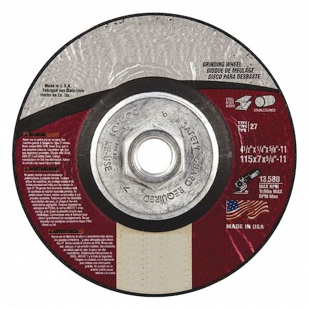 Zoro Select Depressed Center Grinding Wheel, Type 27, 4 1/2 in Dia, 0.25 in Thick, 5/8"-11 Arbor Hole Size 5539502873