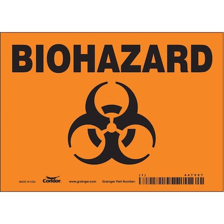 CONDOR Biohazard Sign, 5 in H, 7 in W, Vinyl, Horizontal Rectangle, English, 447V67 447V67