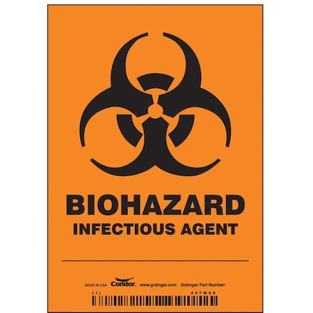 Condor Biohazard Sign, 5 in H, 3 1/2 in W, Vinyl, Vertical Rectangle, English, 447W89, PK25 447W89