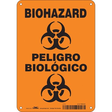 Condor Biohazard Sign, 10 in Height, 7 in Width, Aluminum, Horizontal Rectangle, English, Spanish 447W90