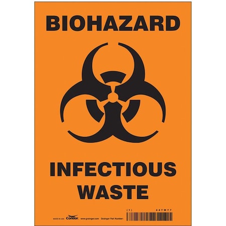 Condor Biohazard Sign, 10 in H, 7 in W, Vinyl, Horizontal Rectangle, English, 447W77 447W77
