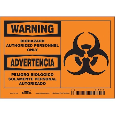 Condor Biohazard Sign, 5 in Height, 7 in Width, Vinyl, Horizontal Rectangle, English, Spanish 447X82