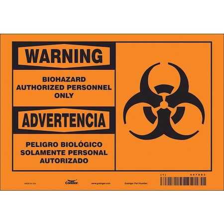 Condor Biohazard Sign, 10 in Height, 7 in Width, Vinyl, Horizontal Rectangle, English, Spanish 447X83