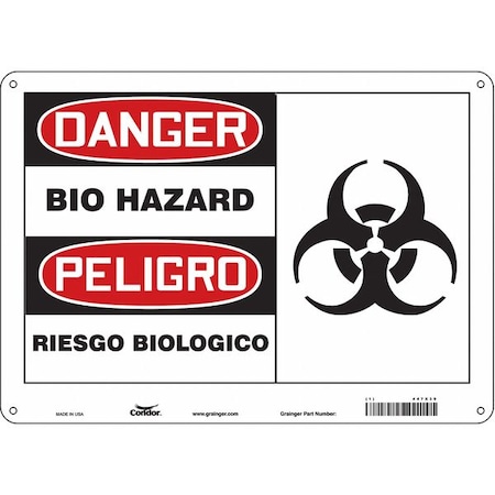 Condor Biohazard Sign, 10 in H, 14 in W, Polyethylene, Horizontal Rectangle, English, Spanish, 447X39 447X39