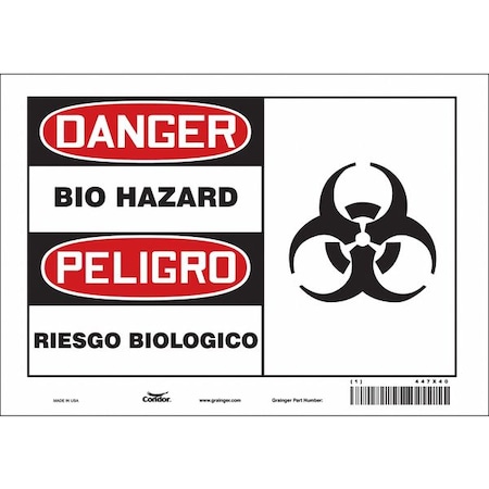 Condor Biohazard Sign, 7 in Height, 10 in Width, Vinyl, Vertical Rectangle, English, Spanish 447X40