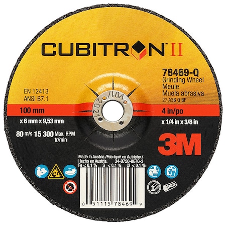 3M Cubitron Depressed Center Grinding Wheel, Type 27, 4 in Dia, 0.25 in Thick, 3/8 in Arbor Hole Size, Ceramic DCGW