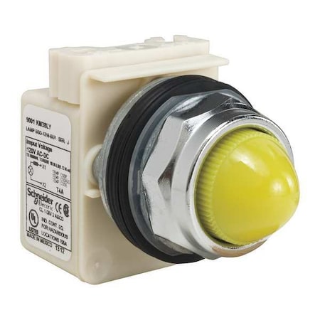 Schneider Electric Pilot Light, LED, Yellow, 120V, Domed Lens 9001KP38LYY9