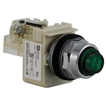 Schneider Electric Push to Test Pilot Light, Green, Incand 9001KT1G31