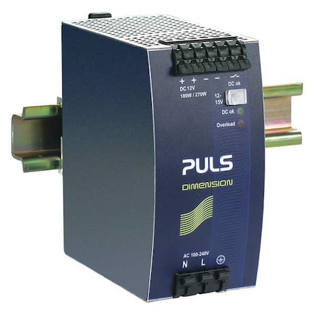 Puls DC Power Supply, 100/240V AC, 12/15V DC, 180 W, 15 A, DIN Rail QS10.121