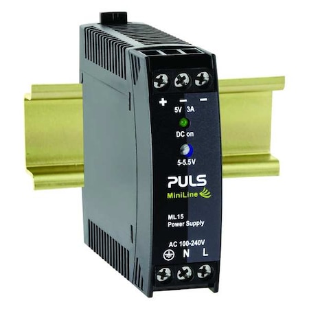 Puls DC Power Supply, 100/240V AC, 5/5.5V DC, 15 W, 3 A, DIN Rail ML15.051
