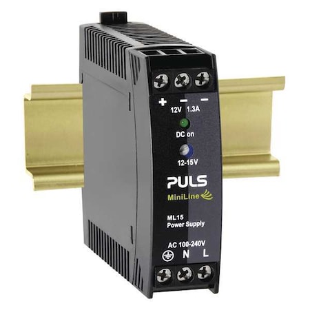 Puls DC Power Supply, 100/240V AC, 12/15V DC, 15 W, 1.3 A, DIN Rail ML15.121