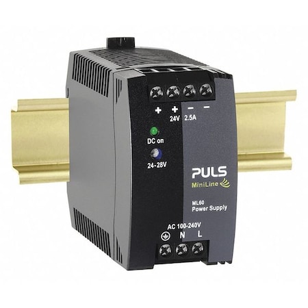 Puls DC Power Supply, 100/240V AC, 24/28V DC, 60 W, 2.5 A, DIN Rail ML60.241