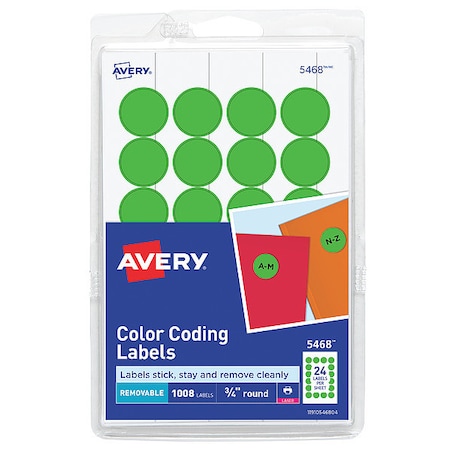 Avery Laser/Inkjet Label, 3/4 in Label W, 3/4 in Label H, 24 Labels per Sheet Neon Green AVE05468