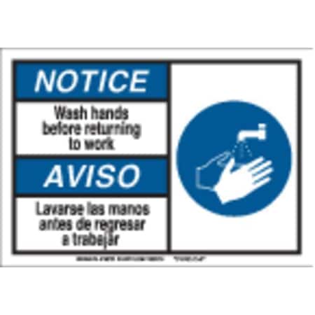 Brady Notice/Aviso, Wash Hands Before Returning To Work, English/Spanish, 10 in x 14 in, Plastic, 145753 145753