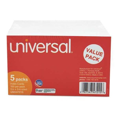 Universal Index Cards, Ruled, 3" x 5", PK500 UNV47215
