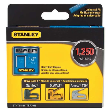 Stanley Heavy Duty Staples, 24 ga, 1/2 in Leg L, Steel, 1250 PK STHT71837