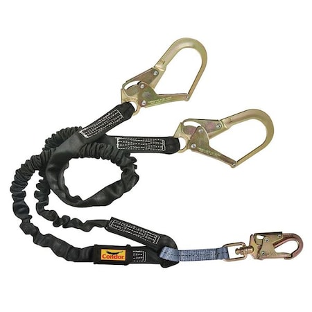 Condor Shock-Absorbing Lanyard, 425 lb. Wt. Capacity, Steel Snap Hook, Steel Rebar Hook, 6 ft., 2 Legs 45J292