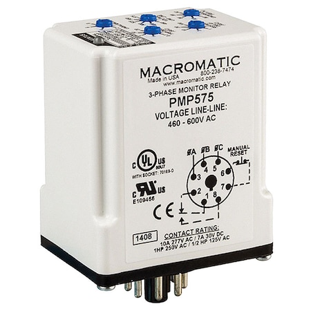 Macromatic 3 Phase Monitor Relay, SPDT, 600VAC, 8 Pin PMP575