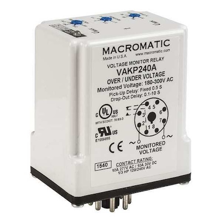 Macromatic Voltage Sensing Relay, Octal Base Type, 120V AC, 8 Pins VAKP120A