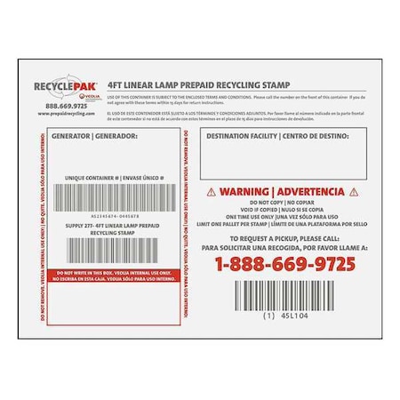 Recyclepak 4Ft Linear Lamp Prepaid Recycling Stamp SUPPLY-277-SWS