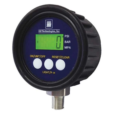 SSI Digital Pressure Gauge, 0 to 5000 psi, 1/4 in MNPT, Plastic, Black MG1-5000-A-9V-R