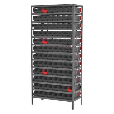 Akro-Mils Steel Bin Shelving, 36 in W x 79 in H x 18 in D, 13 Shelves, Gray/Black/Red AS187936448BK