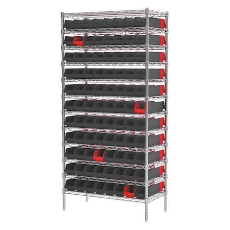 Akro-Mils Steel Wire Bin Shelving, 36 in W x 74 in H x 18 in D, 12 Shelves, Silver/Black/Red AWS183636448BK