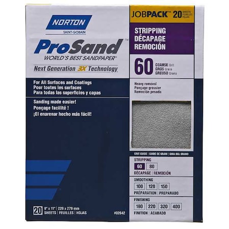 Norton Abrasives Sandpaper Sheet, Med, 60 Grit, PK20 07660768175