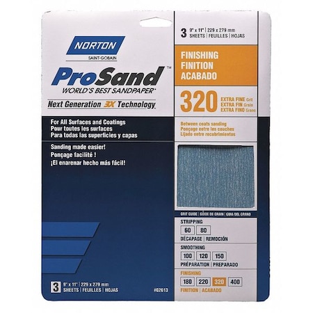 Norton Abrasives Sandpaper Sheet, Very Fine, 320 Grit, PK3 07660768157