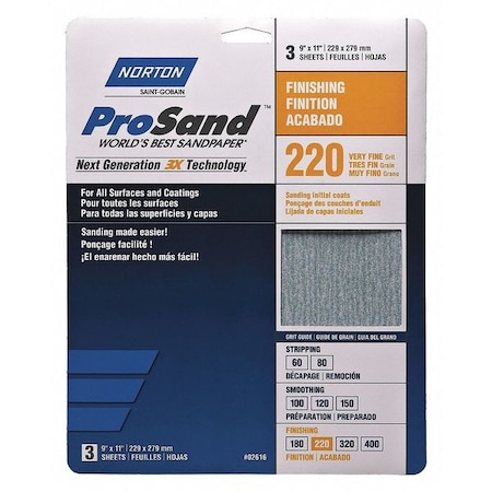 Norton Abrasives Sandpaper Sheet, Very Fine, 220 Grit, PK3 07660768158