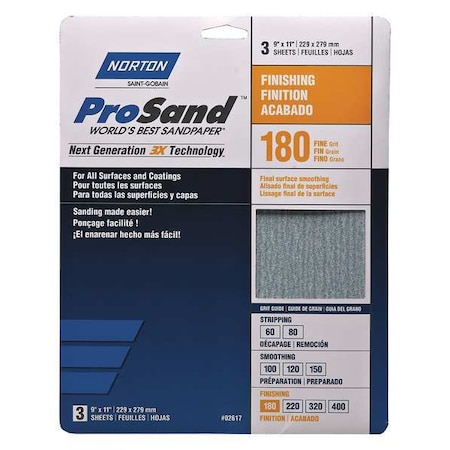 Norton Abrasives Sandpaper Sheet, Fine, 180 Grit, PK3 07660768159